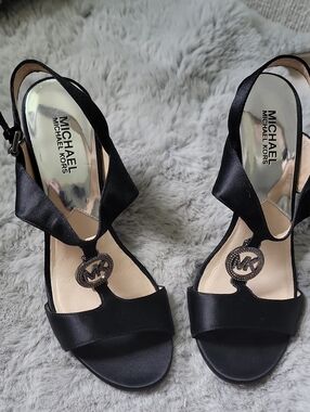 Michael Kors Black Satin T-Strap Logo Heels